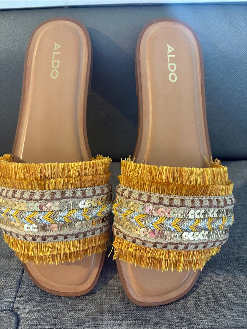 Aldo Yellow Tassel & Sequin Slide Sandals